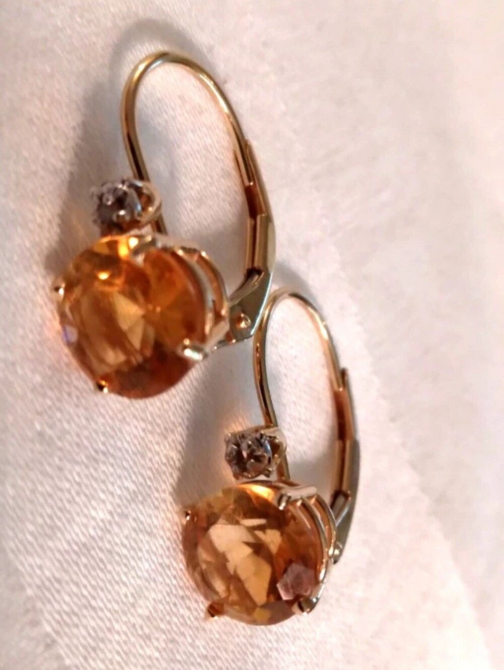 14kt Gold Leverback Earrings with Maderia Citrine + DIAMONDS - Picture 6 of 15